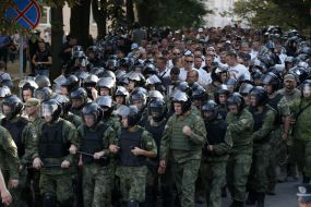 Law enforcement officers cordoned off the Polish football fans