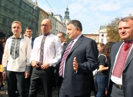 Arseniy Yatsenyuk, Andrei Sadovy, Arsen Avakov and Oleg Sinyutka