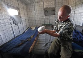 Военнослужащий держит котенка