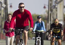 Vitali Klitschko rides a bicycle