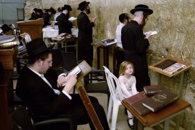 Hasidim pray near the Western Wall