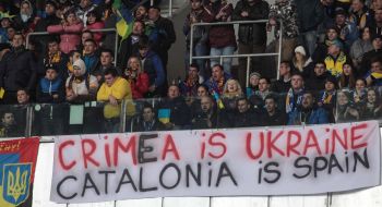 A poster "Crimea is Ukraine Catalonia is Spain"
