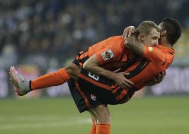 Players of FC "Shakhter" rejoice scored the ball