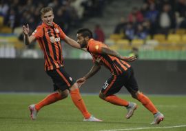 Players of FC "Shakhter" rejoice scored the ball
