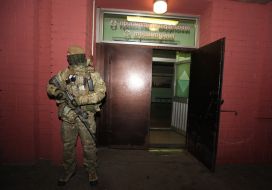 Law enforcers near the building of the hospital in Chernigov