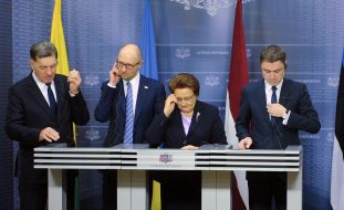 Algirdas Butkevicius, Arseniy Yatsenyuk, Laimdota Straujuma and Taavi Rõivas