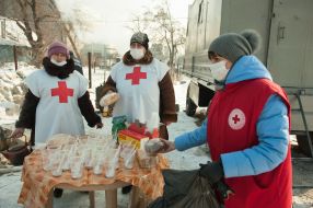 Red Cross staff handed out tea