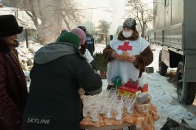 Red Cross staff handed out tea