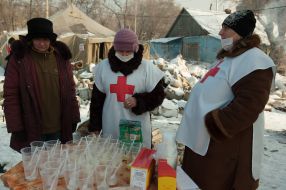 Red Cross staff handed out tea