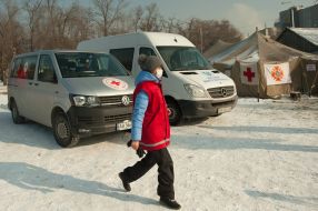 Red Cross staff handed out tea