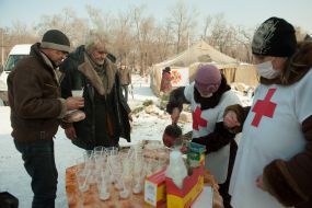 Red Cross staff handed out tea