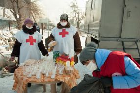 Red Cross staff handed out tea
