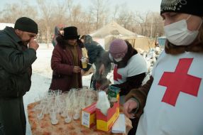 Red Cross staff handed out tea