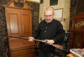 Leonid Petrashin shows collection of ancient weapons