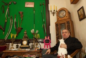 Leonid Petrashin shows collection of ancient weapons