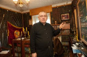 Leonid Petrashin shows collection of ancient weapons