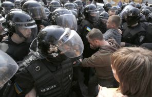 The clash between the policemen and protesters