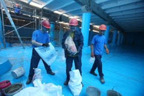 Containers of clean water on the water pumping station "Obolon-2"