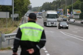 Heavy trucks at the entrance to Kiev