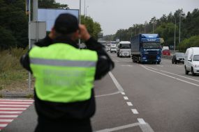 Heavy trucks at the entrance to Kiev