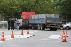 Heavy trucks at the entrance to Kiev