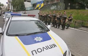 Law enforcers near the TV channel "Inter"