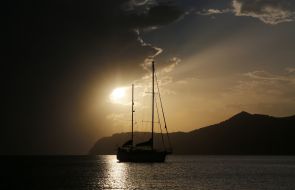 Sailing yacht in the Mediterranean Sea near the island of Ibiza