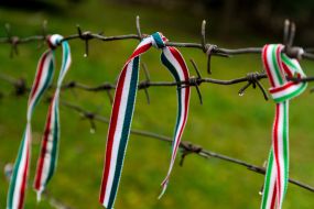 Tapes of the Hungarian national colors on the barbed wire