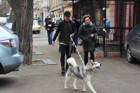 A man is walking with a dog