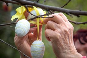 Male Easter egg hanging on the tree