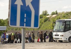 People at the checkpoint of entry and exit "Novotroitskoe"