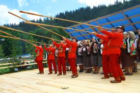 The musicians play on trembitah