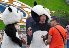 Animators in pandas costumes