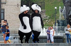 Animators in pandas costumes