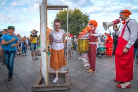 The girl walks through the door