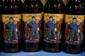 Ukrainian beer with Canadian Prime Minister portrait on bottles