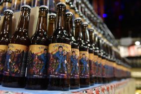 Ukrainian beer with Canadian Prime Minister portrait on bottles