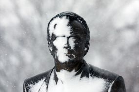 Snow-covered monument to Valery Lobanovsky