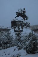 Snow-capped monument to Bogdan Khmelnytsky