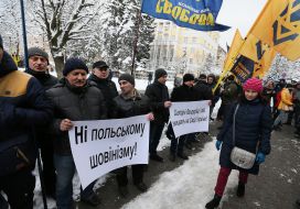 Rally against the Polish law on the National Memory Institute near the Polish Embassy in Lviv, Ukraine
