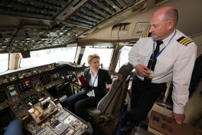 Tatyana Romanovskaya in the cabin of pilots