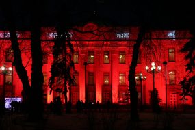 The building of Verkhovna Rada in red illumination