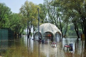 Flooded as a result of the Desna river flood, the city beach