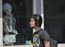 Skeleton in the window of a bookshop
