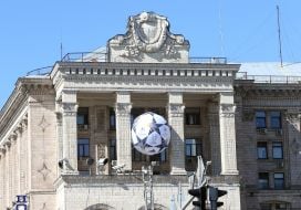 A huge soccer ball at Main Post Office