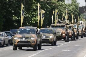 Column of military vehicles