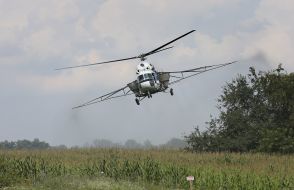 Helicopter over the field of corn