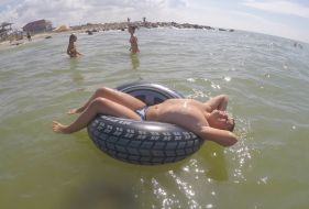 The boy is bathed in the sea