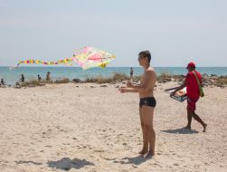 Young man launches a kite