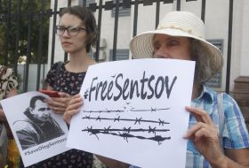Participants in the action "Solidarity with Oleg Sentsov"